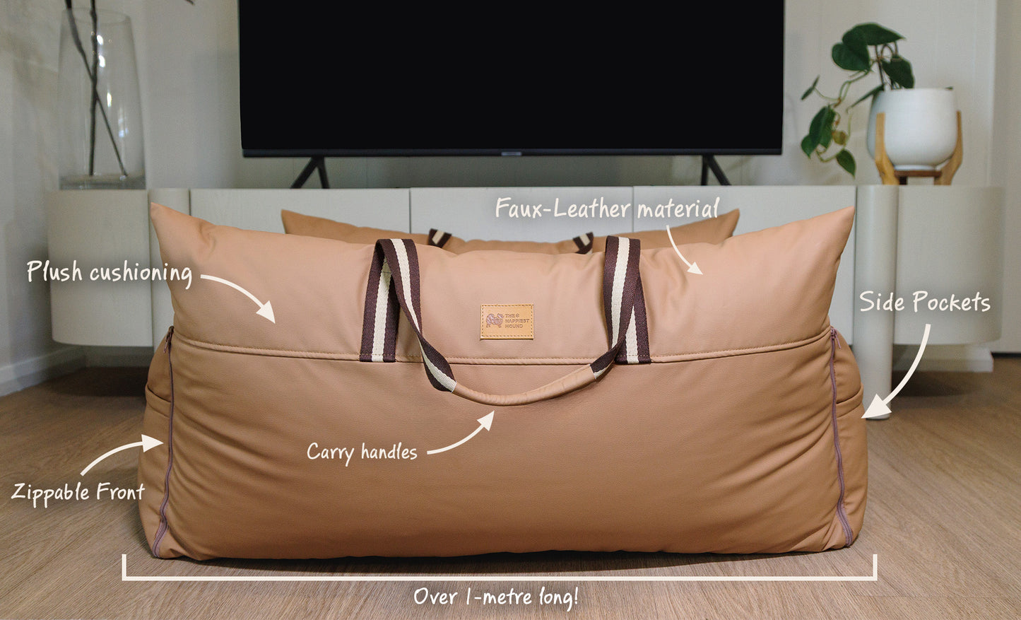 Brown dog carrierwith features labeled in a living room setting